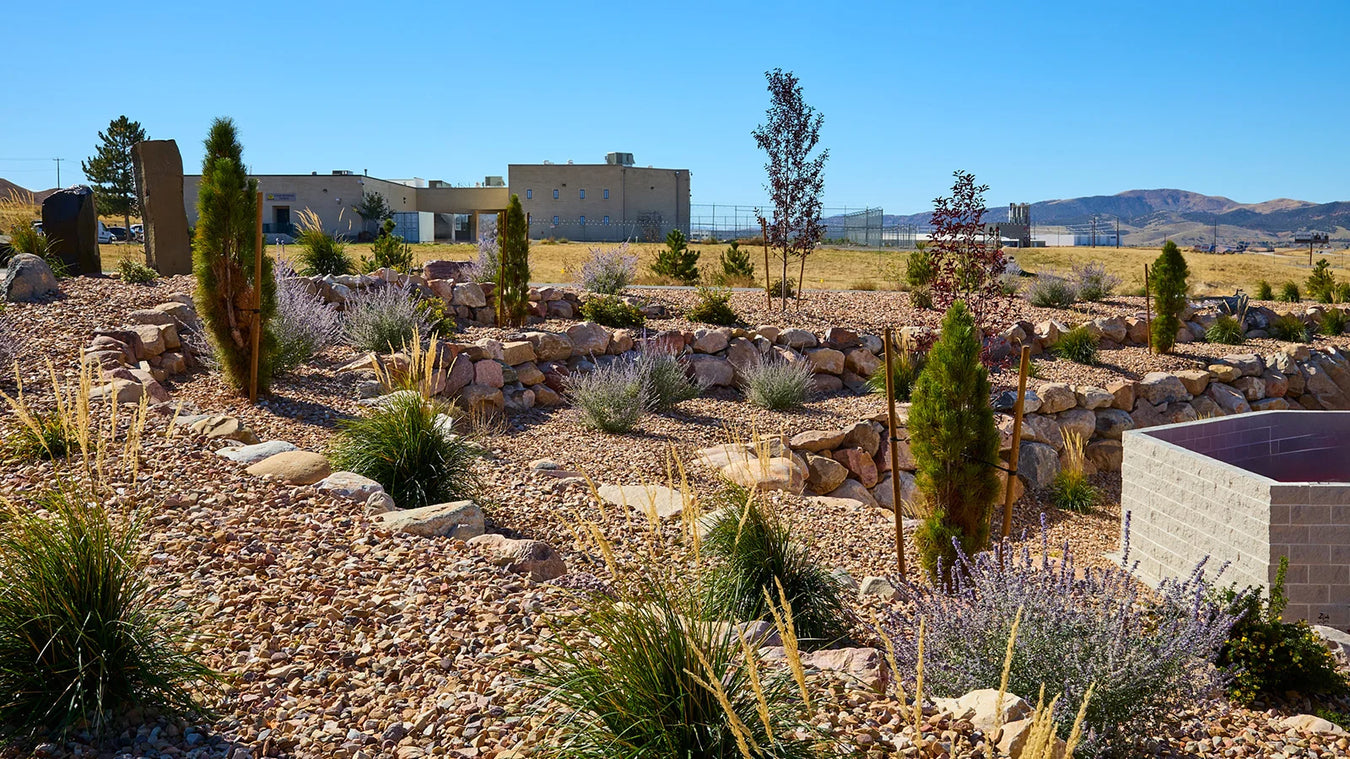 Scenic landscape with a stone wall, trees, and mountains in the background.